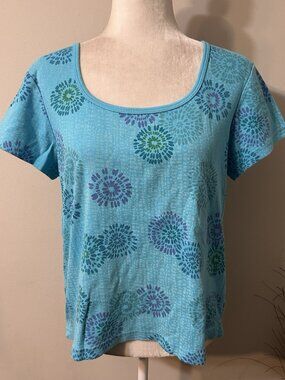 Vtg Fresh Produce Women Scoop Neck T-Shirt Blue Floral Pattern Short Sleeve Sz L